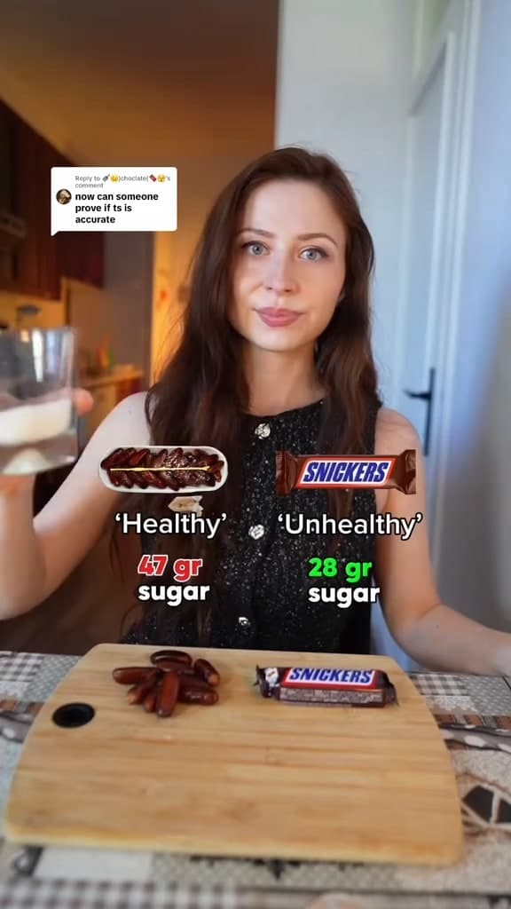 Creator to camera holding up two snack bars, with the sugar in each labelled on screen beside them