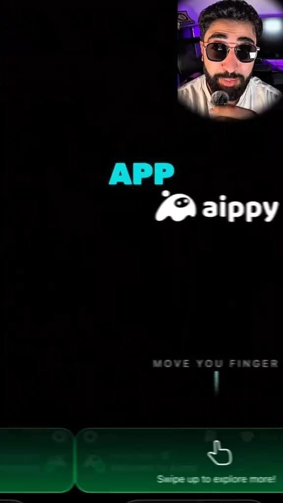 A dark title card for a mobile app, a glowing robot mascot against a star field, with the creator talking to camera in a corner inset