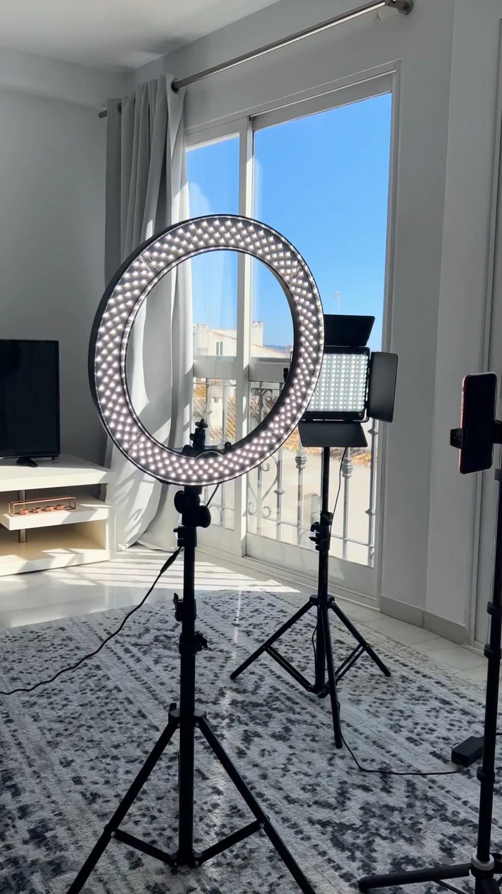 A ring light, LED panel and phone mount set up facing a balcony window in a bright room